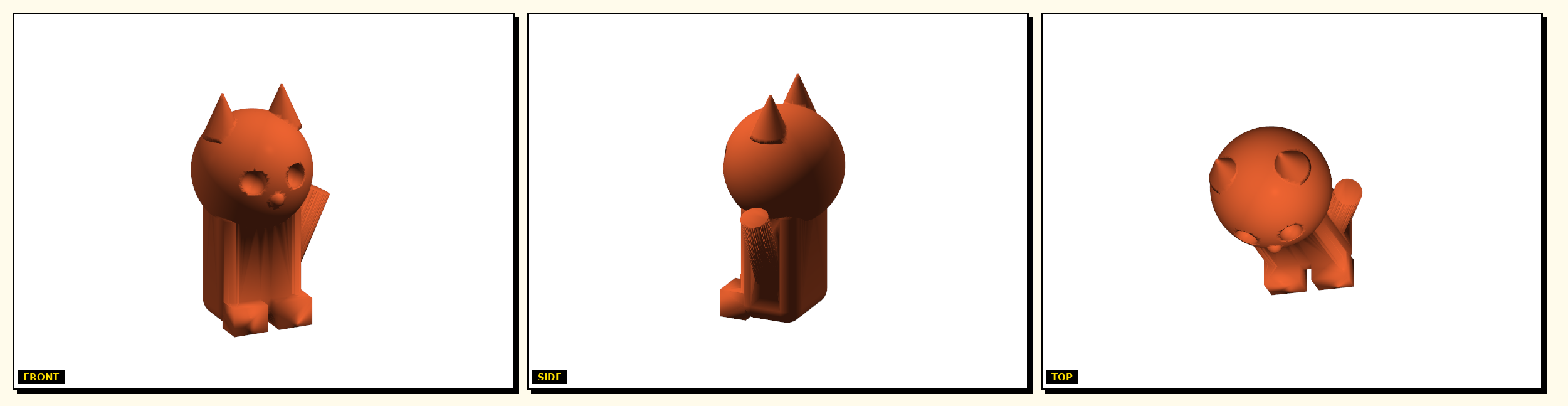 Cat — front, side, top views