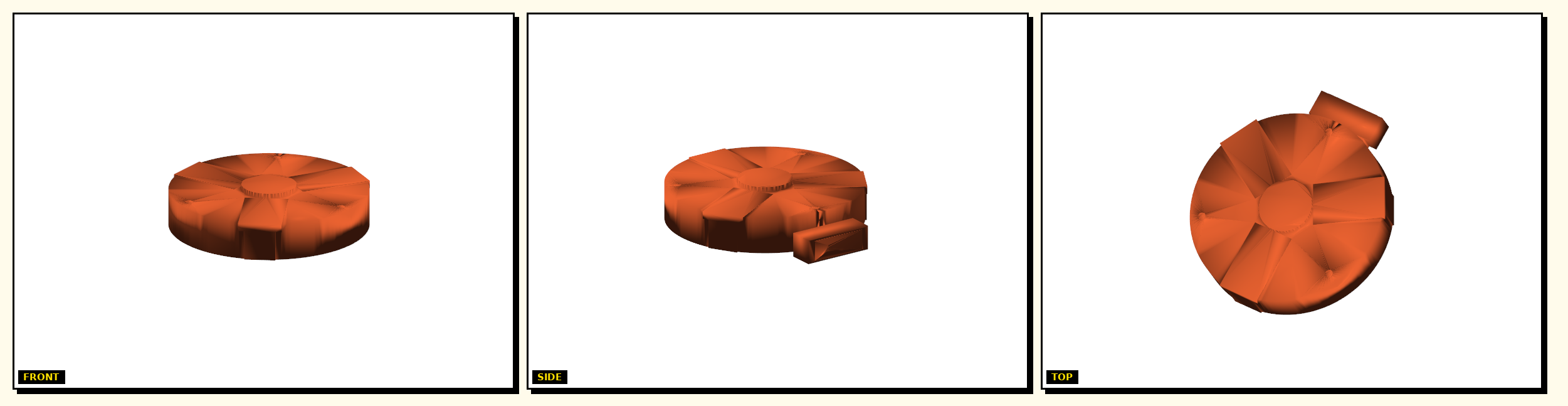 Radial Clamp Housing — front, side, top views