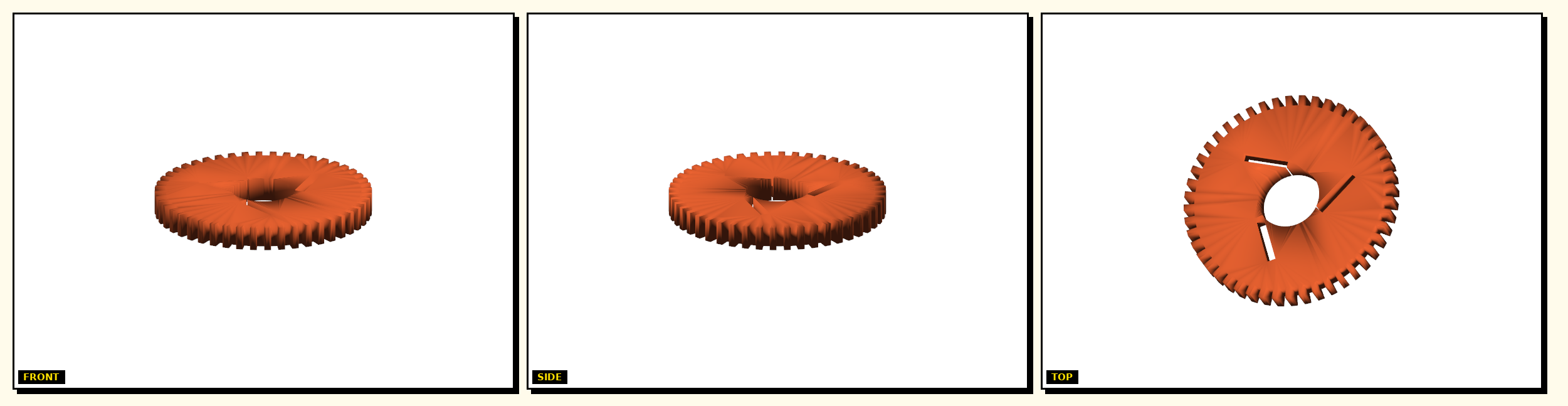 Radial Clamp Scroll — front, side, top views
