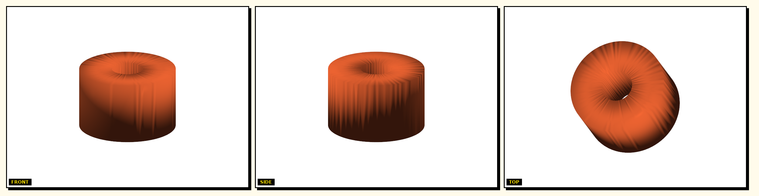 Rod Traveler Drive Tire — front, side, top views