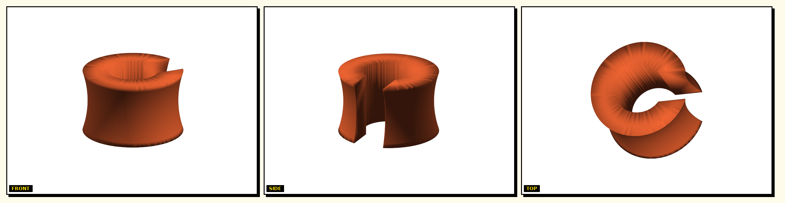 Rod Traveler Drive Wheel — front, side, top views