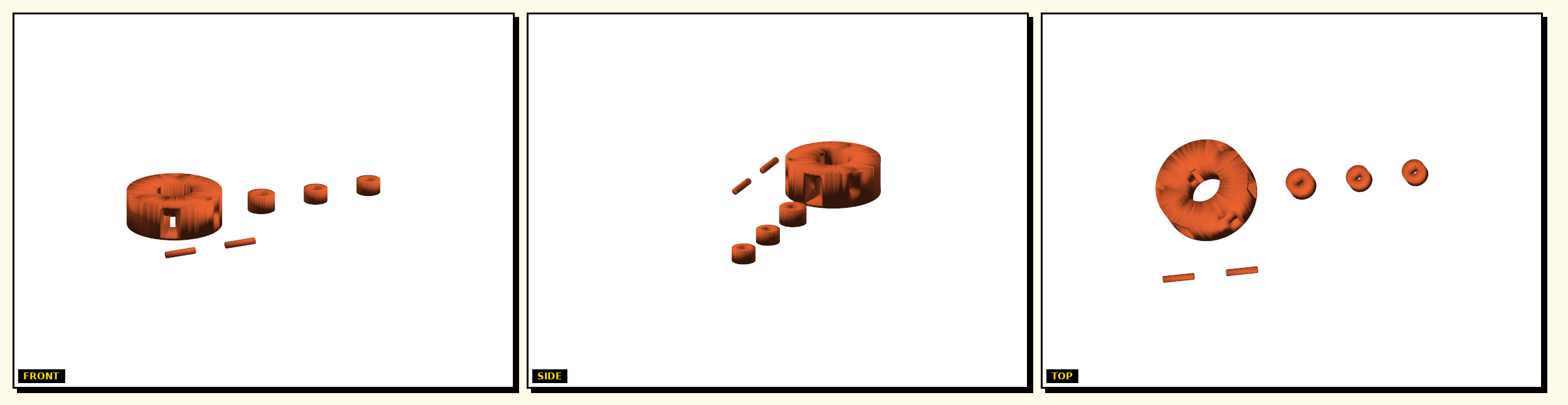 Rod Traveler Plate — front, side, top views